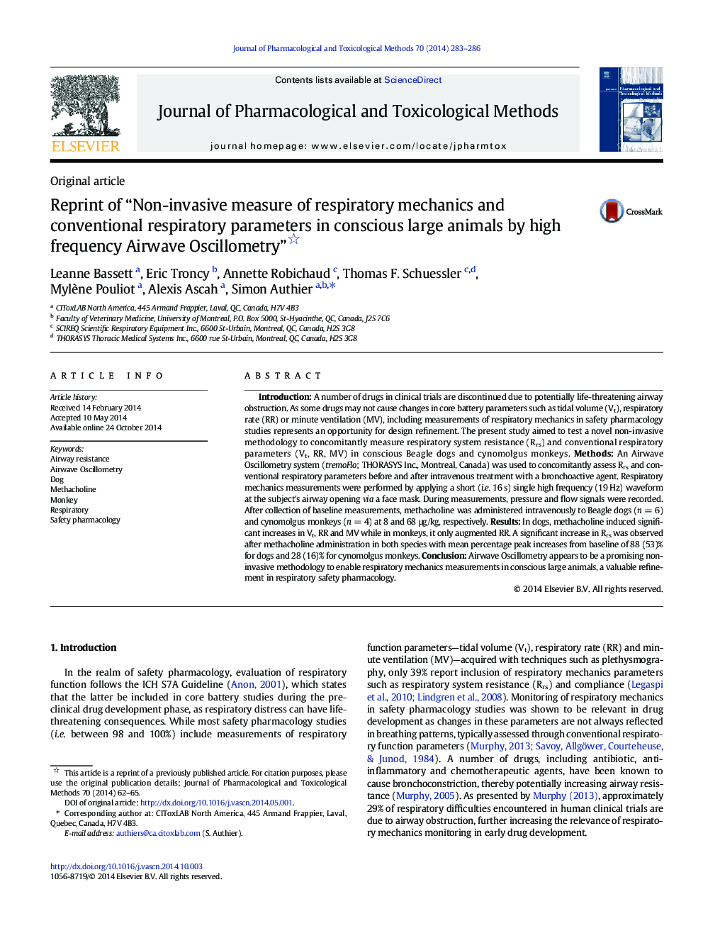 Reprint of “Non-invasive measure of respiratory mechanics and conventional respiratory parameters in conscious large animals by high frequency Airwave Oscillometry”