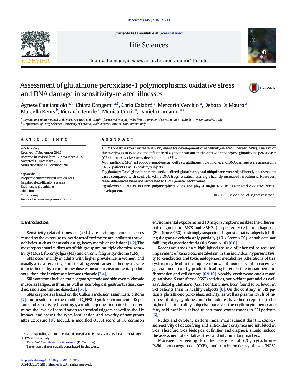 Assessment of glutathione peroxidase-1 polymorphisms, oxidative stress and DNA damage in sensitivity-related illnesses