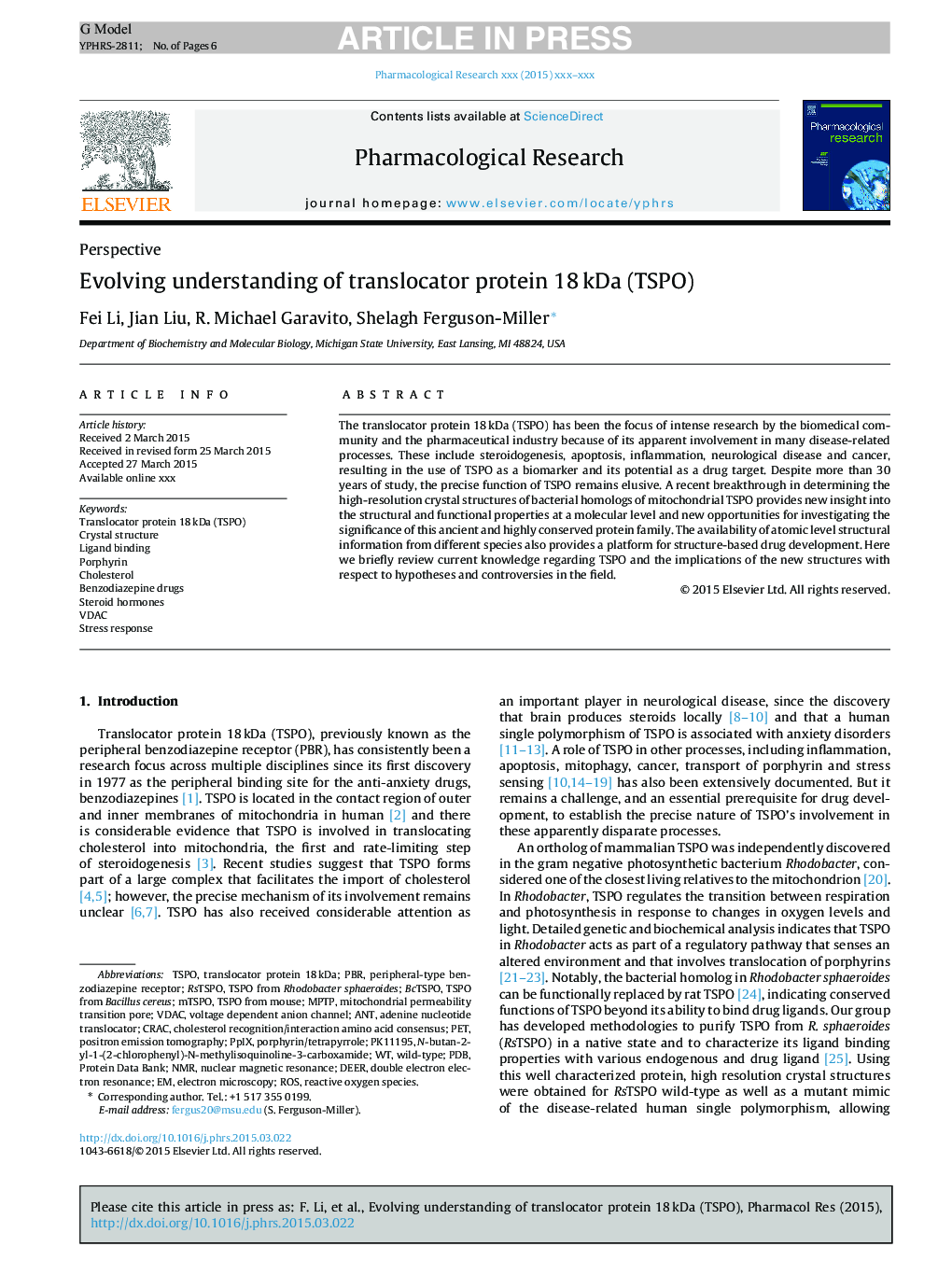 Evolving understanding of translocator protein 18Â kDa (TSPO)