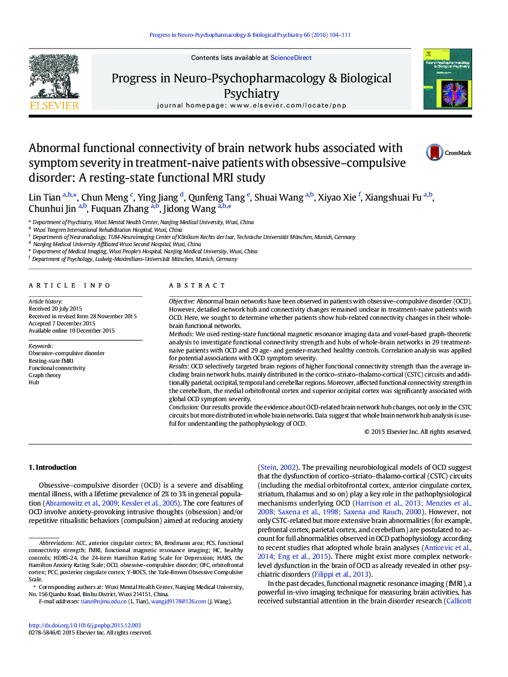 Abnormal functional connectivity of brain network hubs associated with symptom severity in treatment-naive patients with obsessive-compulsive disorder: A resting-state functional MRI study