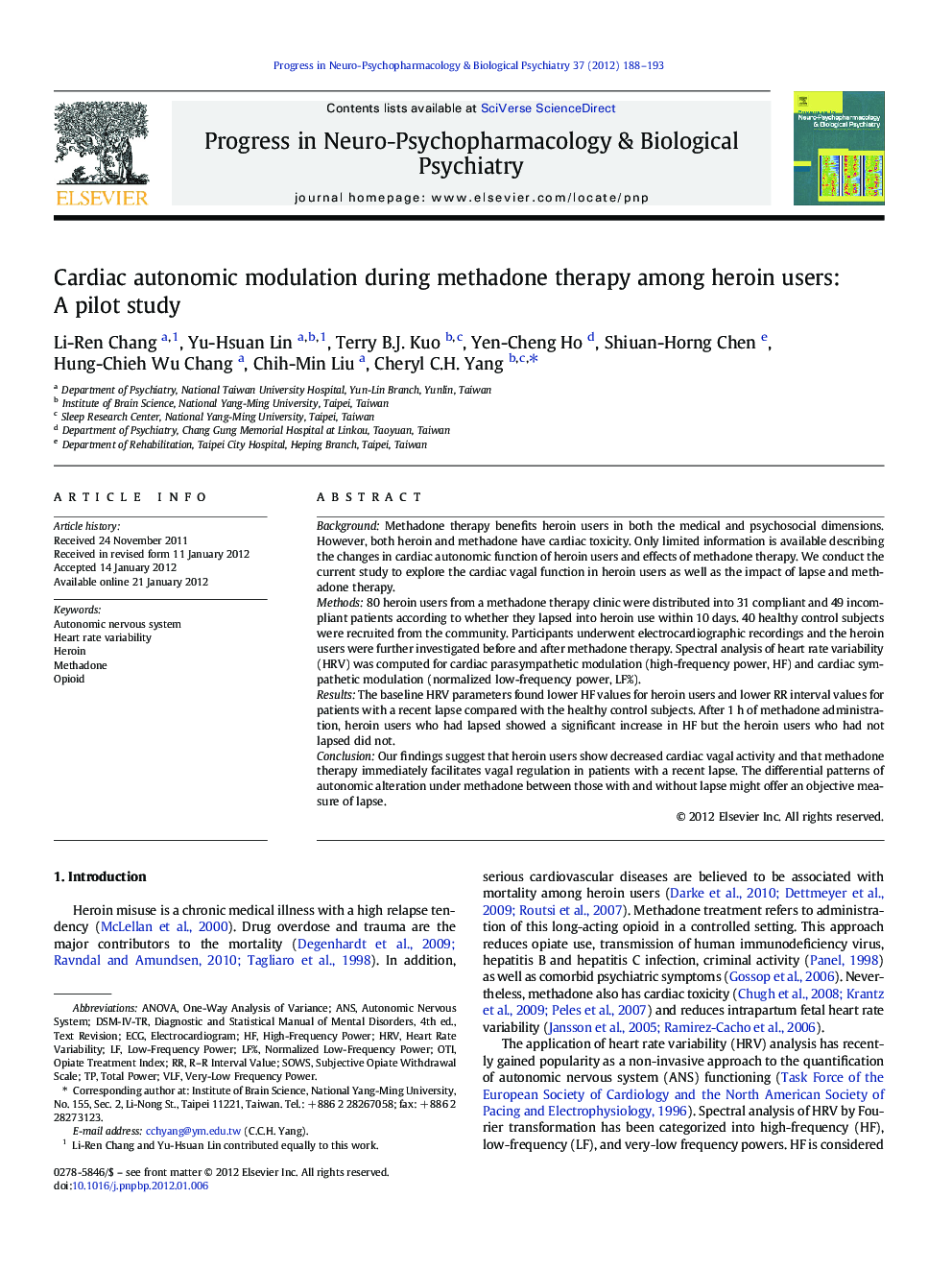 Cardiac autonomic modulation during methadone therapy among heroin users: A pilot study