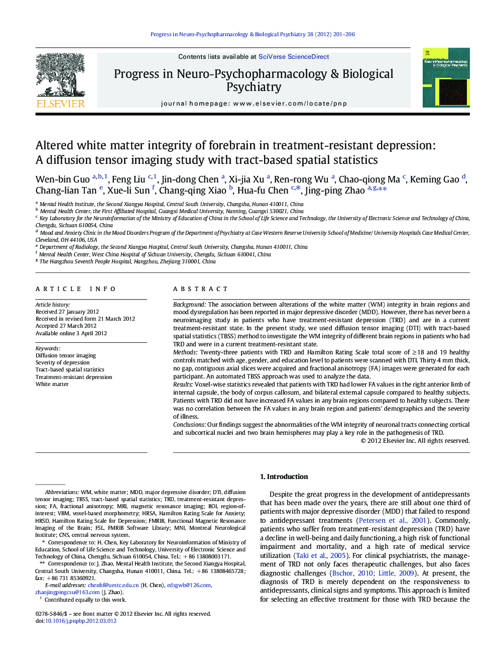 Altered white matter integrity of forebrain in treatment-resistant depression: A diffusion tensor imaging study with tract-based spatial statistics