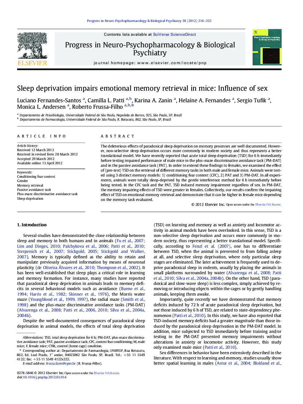 Sleep deprivation impairs emotional memory retrieval in mice: Influence of sex