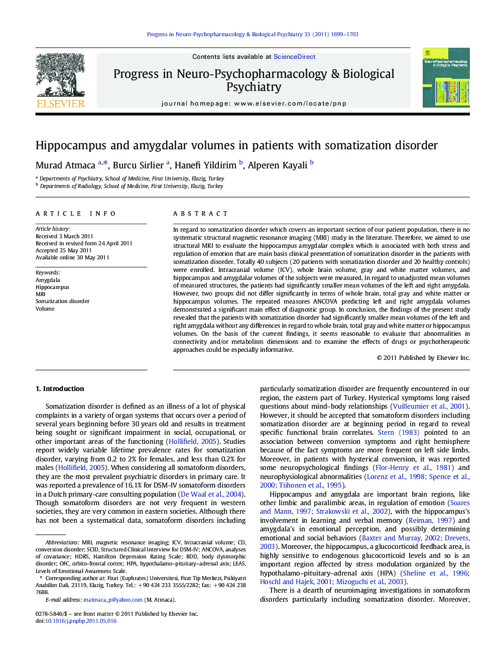 Hippocampus and amygdalar volumes in patients with somatization disorder