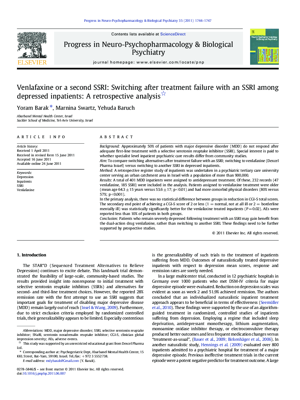 Venlafaxine or a second SSRI: Switching after treatment failure with an SSRI among depressed inpatients: A retrospective analysis