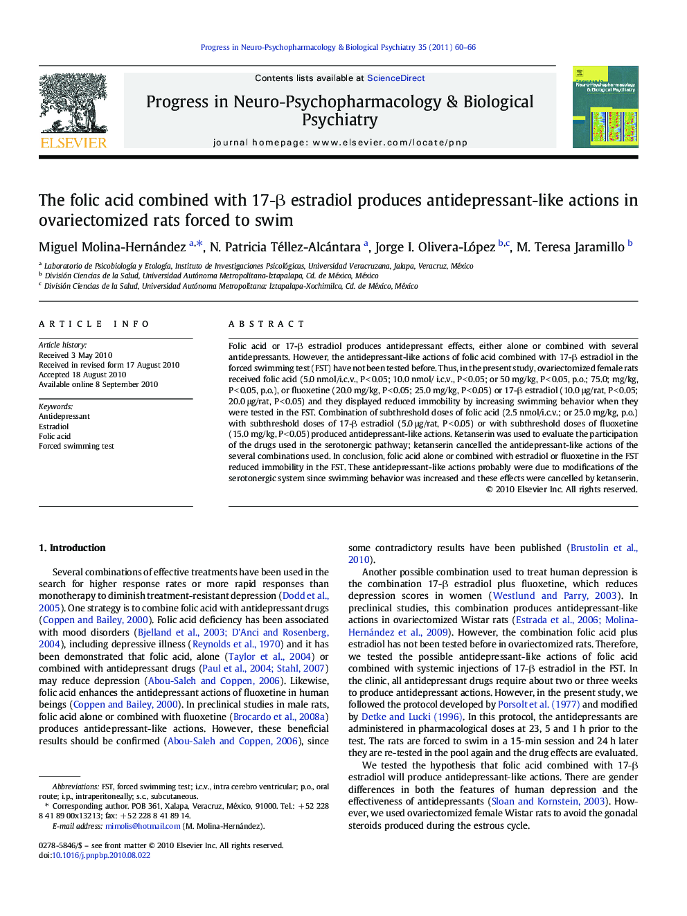 The folic acid combined with 17-Î² estradiol produces antidepressant-like actions in ovariectomized rats forced to swim