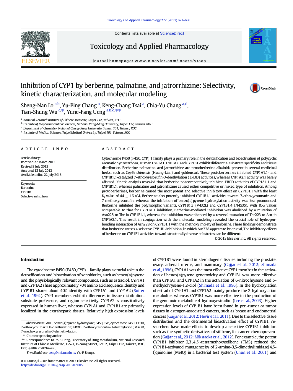 Inhibition of CYP1 by berberine, palmatine, and jatrorrhizine: Selectivity, kinetic characterization, and molecular modeling