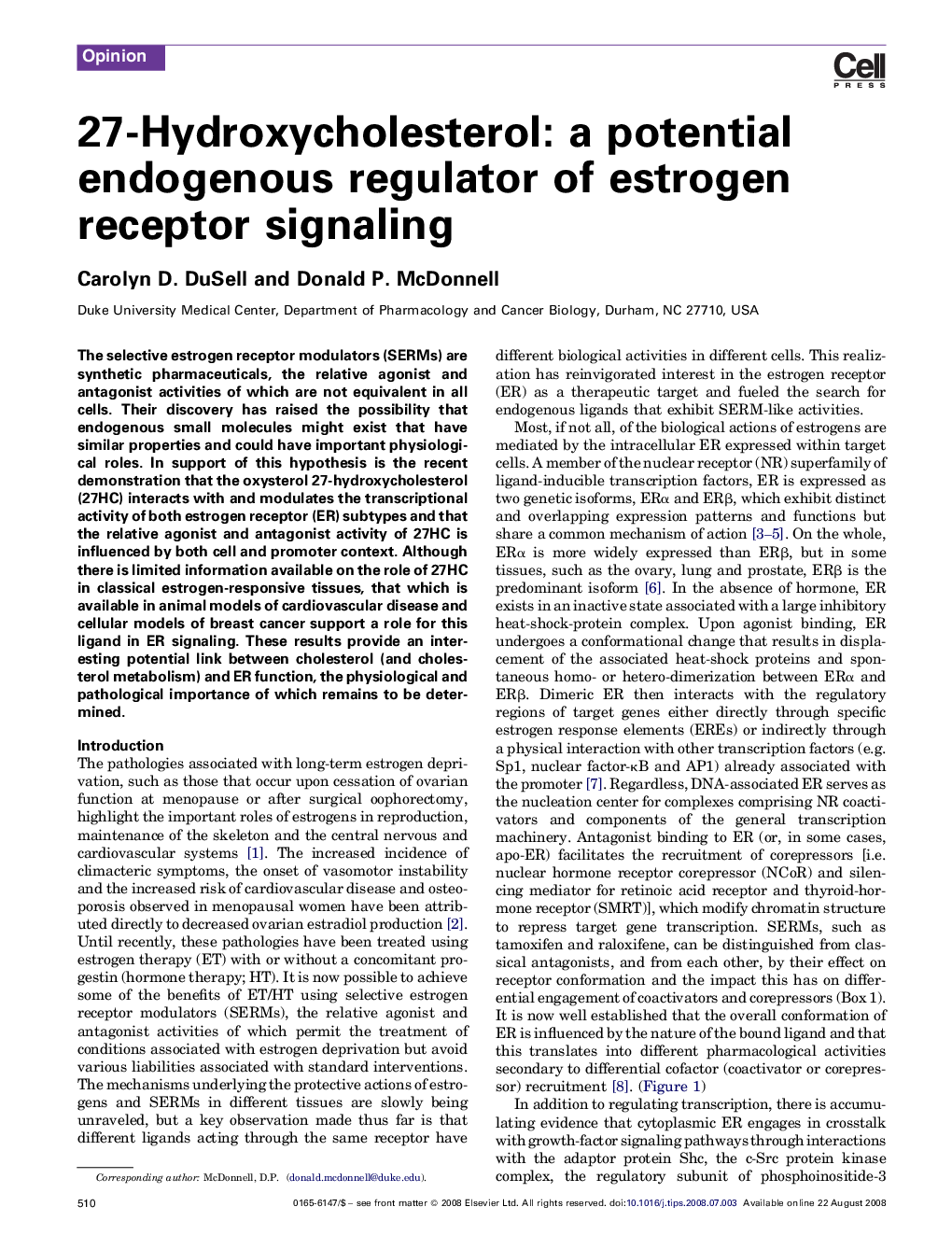 27-Hydroxycholesterol: a potential endogenous regulator of estrogen receptor signaling
