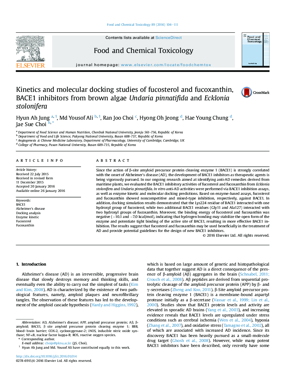 Kinetics and molecular docking studies of fucosterol and fucoxanthin, BACE1 inhibitors from brown algae Undaria pinnatifida and Ecklonia stolonifera