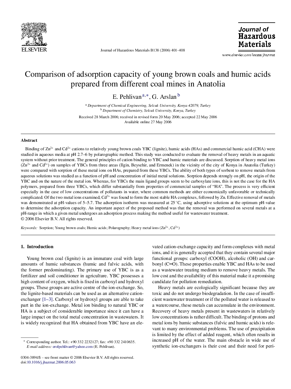 Comparison of adsorption capacity of young brown coals and humic acids prepared from different coal mines in Anatolia
