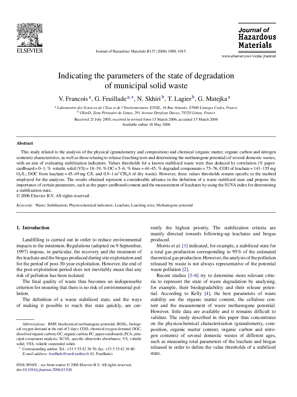 Indicating the parameters of the state of degradation of municipal solid waste