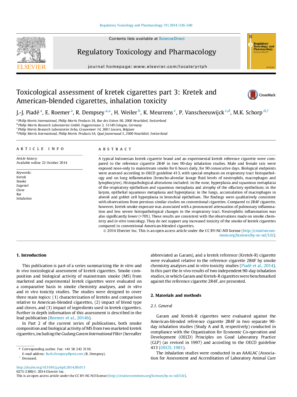 Toxicological assessment of kretek cigarettes part 3: Kretek and American-blended cigarettes, inhalation toxicity