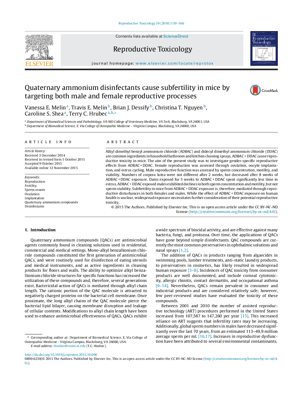 Quaternary ammonium disinfectants cause subfertility in mice by targeting both male and female reproductive processes