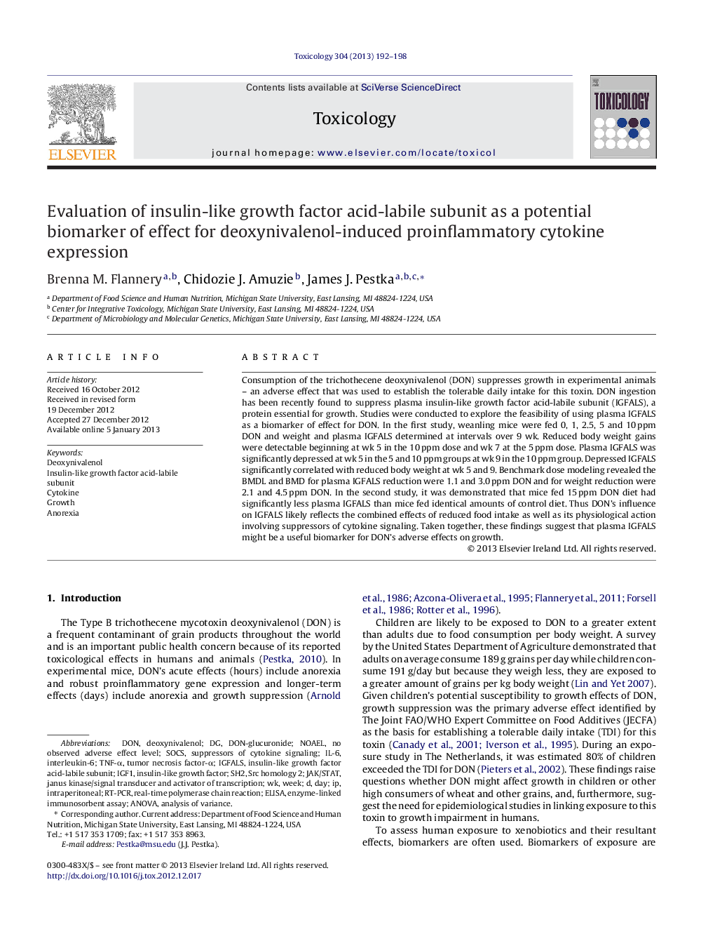 Evaluation of insulin-like growth factor acid-labile subunit as a potential biomarker of effect for deoxynivalenol-induced proinflammatory cytokine expression