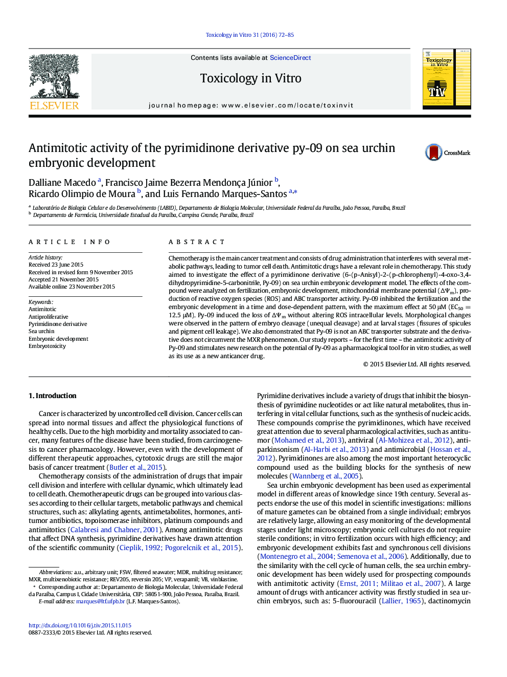 Antimitotic activity of the pyrimidinone derivative py-09 on sea urchin embryonic development
