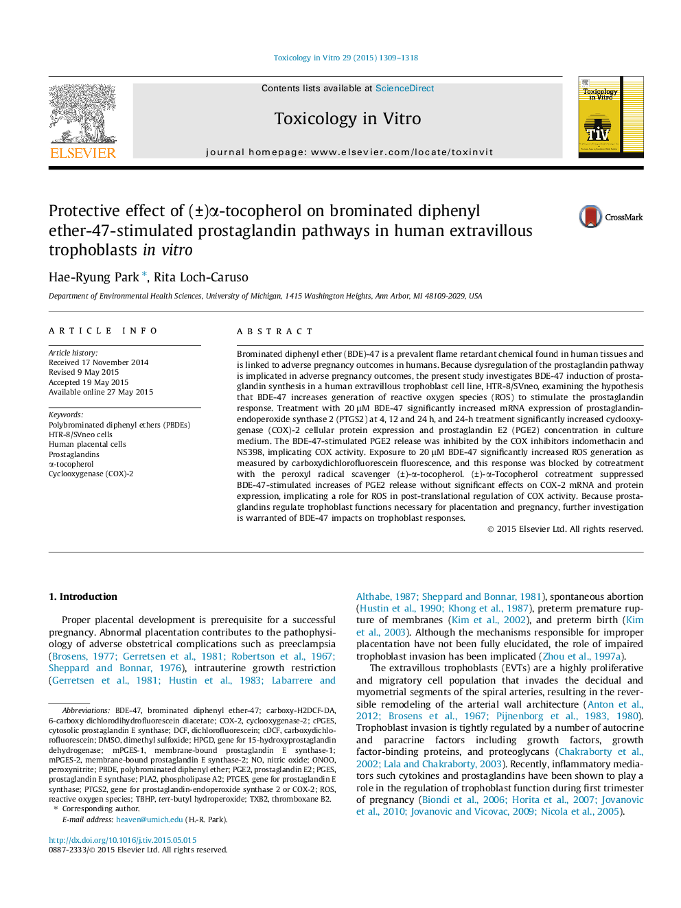 Protective effect of (Â±)Î±-tocopherol on brominated diphenyl ether-47-stimulated prostaglandin pathways in human extravillous trophoblasts in vitro