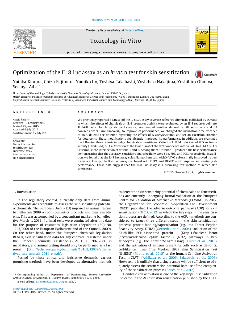 Optimization of the IL-8 Luc assay as an in vitro test for skin sensitization