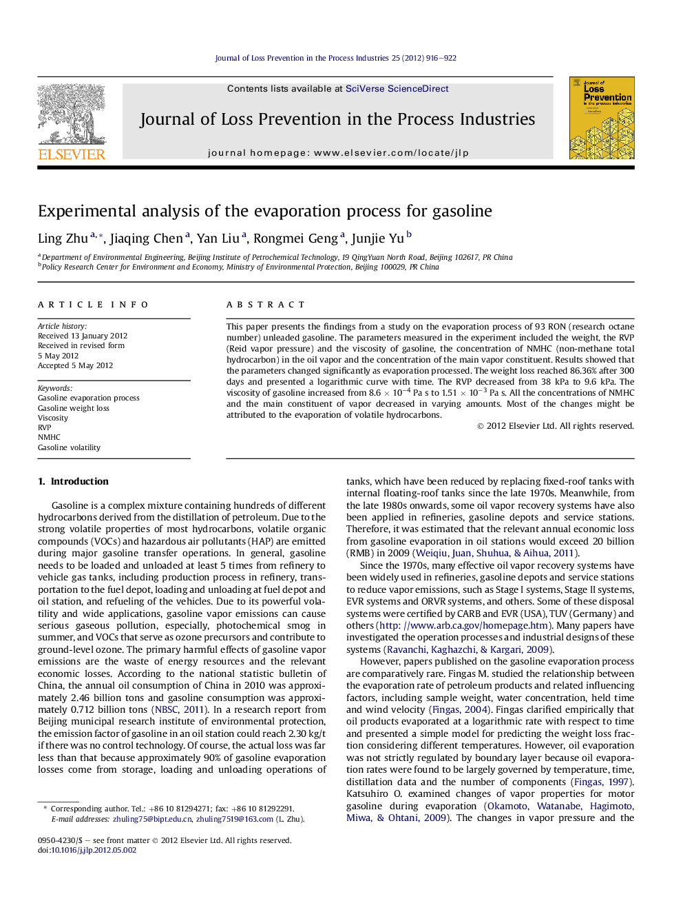 Experimental analysis of the evaporation process for gasoline