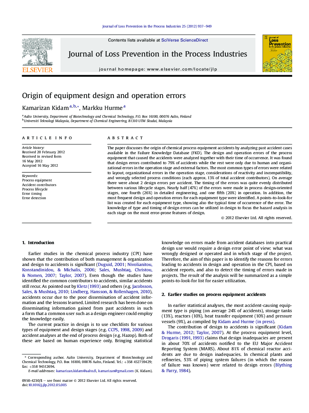 Origin of equipment design and operation errors