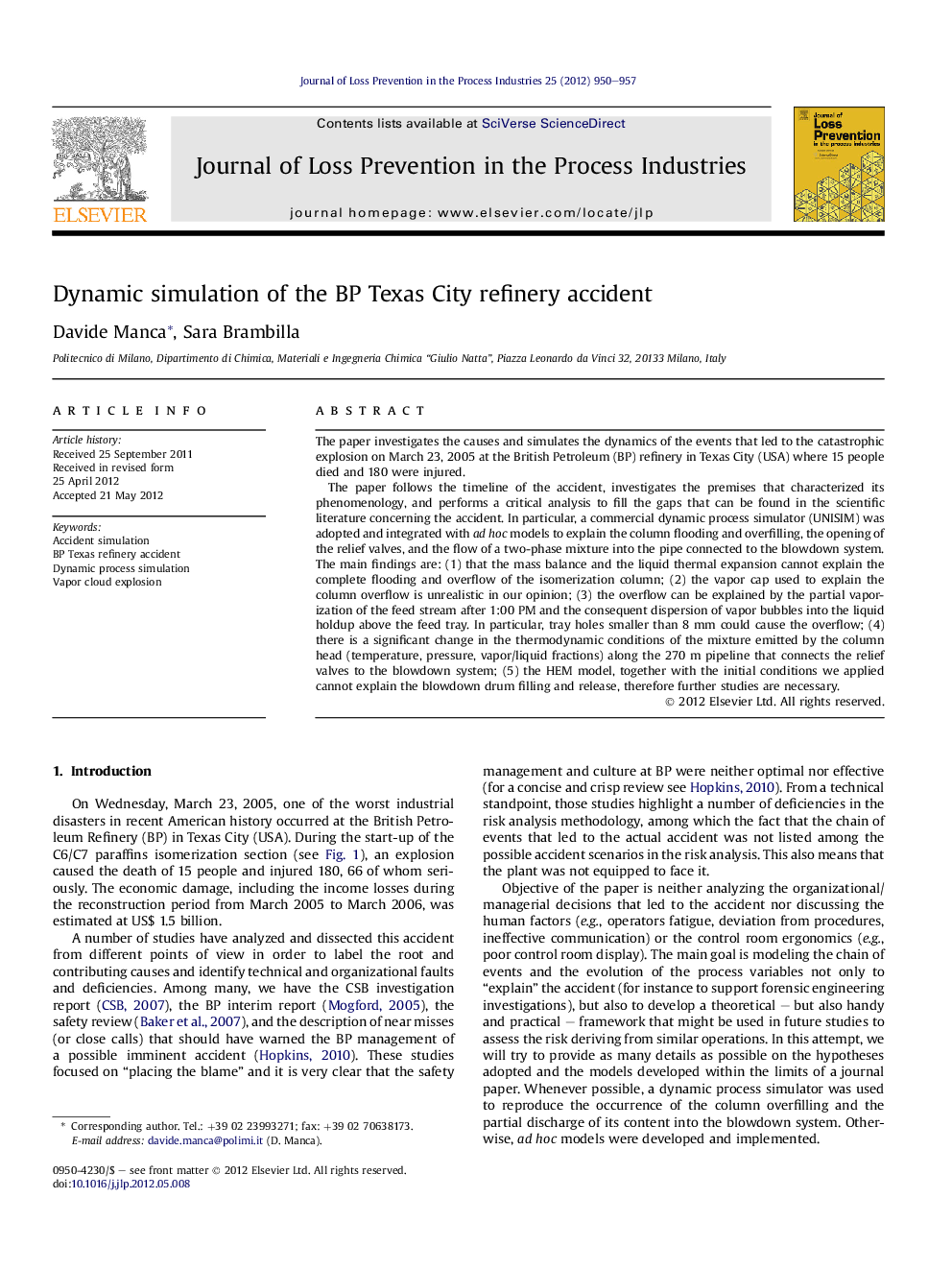 Dynamic simulation of the BP Texas City refinery accident