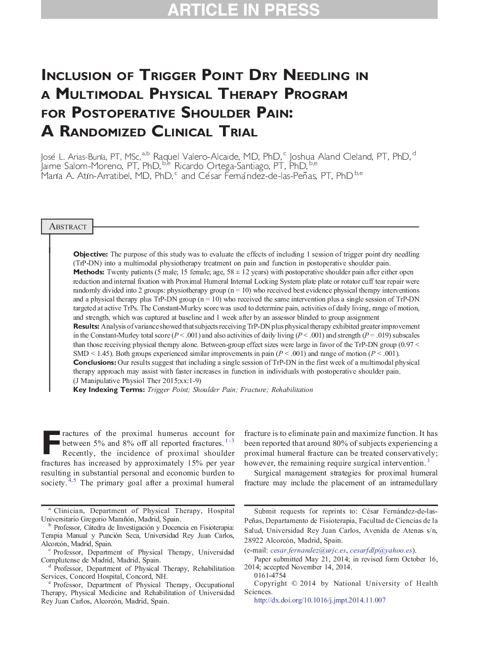 استفاده از سوزن خالص تریدر نقطه در برنامه فیزیوتراپی چندمتغیره برای درد شانه پس از عمل: یک آزمایش بالینی تصادفی 