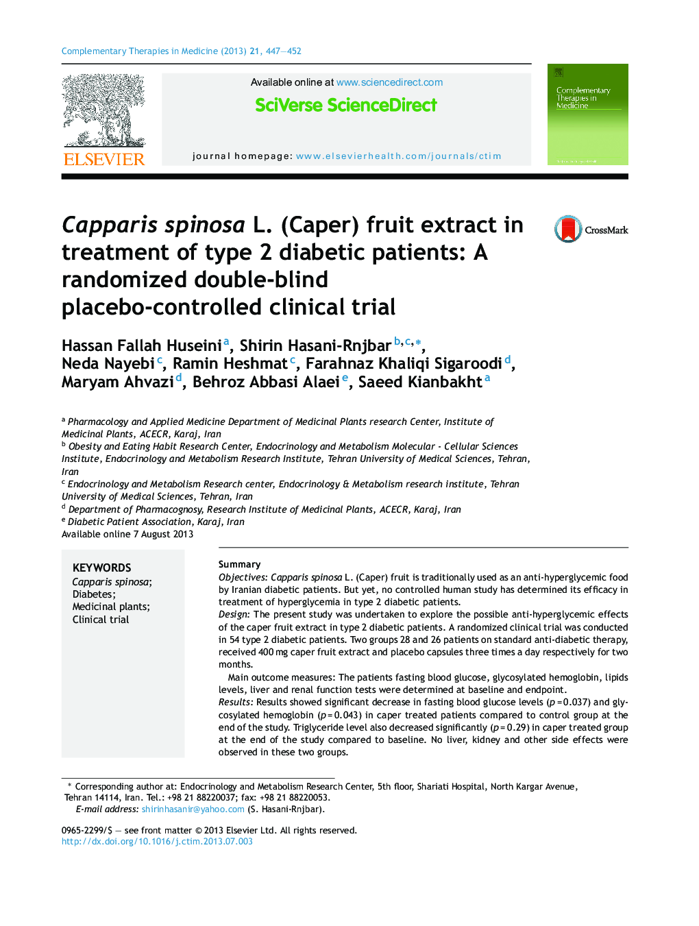 Capparis spinosa L. (Caper) fruit extract in treatment of type 2 diabetic patients: A randomized double-blind placebo-controlled clinical trial