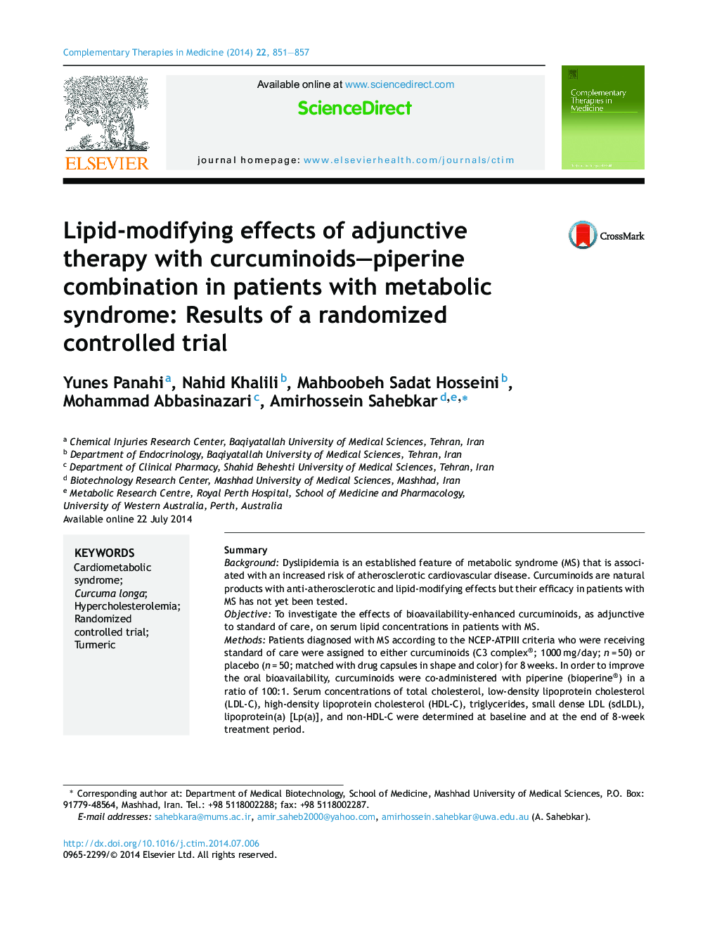 اثرات تغییرپذیری لیپید درمان دارویی با ترکیب کورکومینوید اکساآپپپیرین در بیماران مبتلا به سندرم متابولیک: نتایج یک کارآزمایی کنترل شده تصادفی 