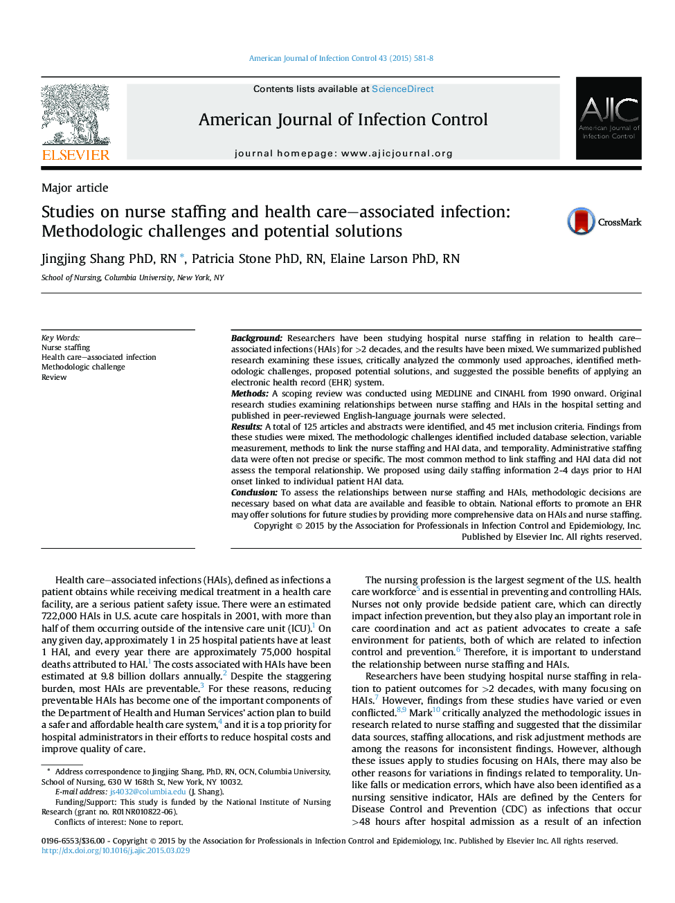 Major articleStudies on nurse staffing and health care-associated infection: Methodologic challenges and potential solutions