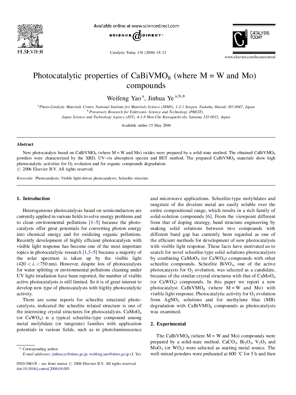 Photocatalytic properties of CaBiVMO8 (where M = W and Mo) compounds
