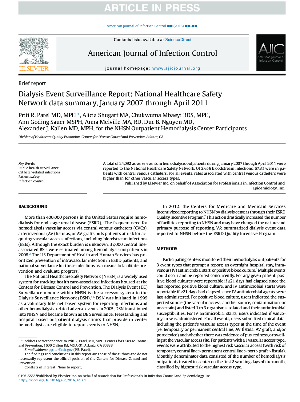 گزارشات نظارت بر رویداد دیالیز: خلاصه اطلاعات شبکه امنیت ملی بهداشت، ژانویه 2007 تا آوریل 2011 