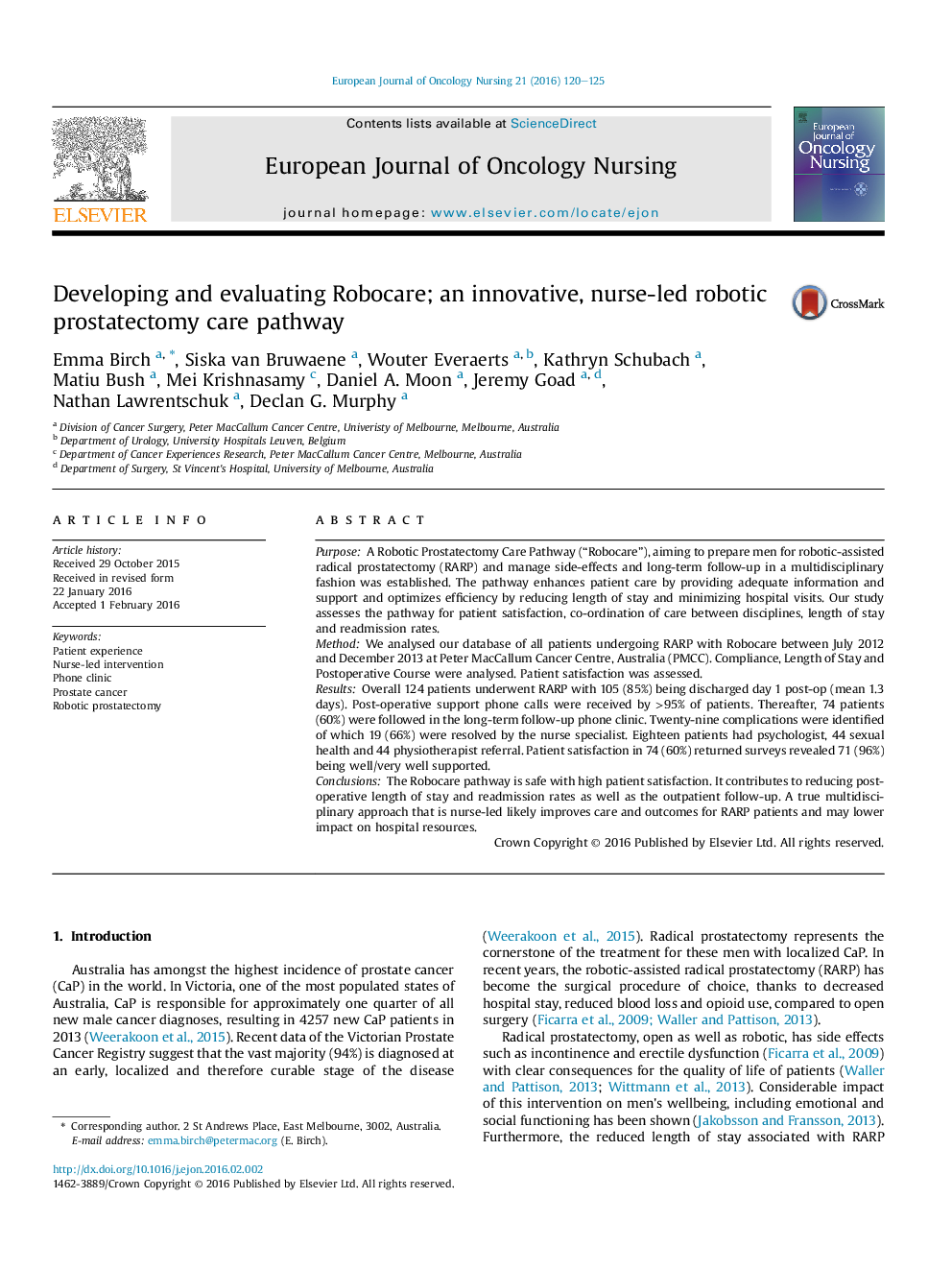 Developing and evaluating Robocare; an innovative, nurse-led robotic prostatectomy care pathway