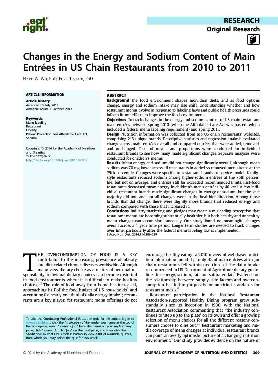 Changes in the Energy and Sodium Content of Main Entrées in US Chain Restaurants from 2010 to 2011