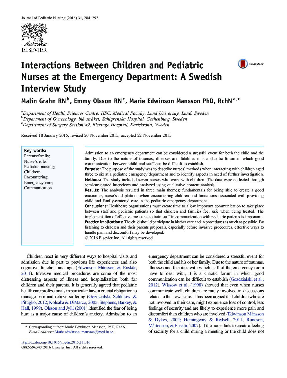 تعاملات میان پرستاران کودکان و کودکان در بخش اورژانس: یک مطالعه مصاحبه سوئدی 