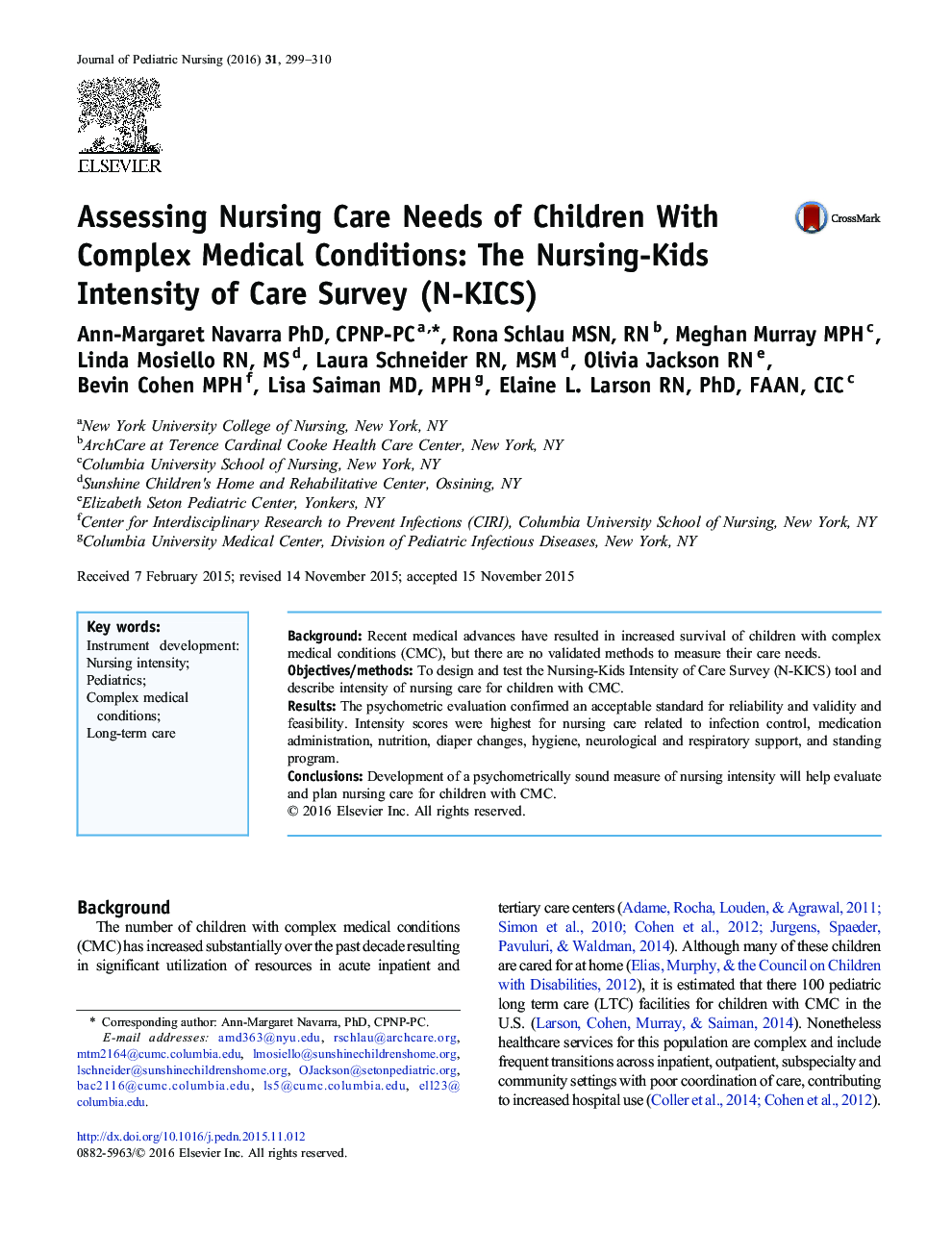 Assessing Nursing Care Needs of Children With Complex Medical Conditions: The Nursing-Kids Intensity of Care Survey (N-KICS)