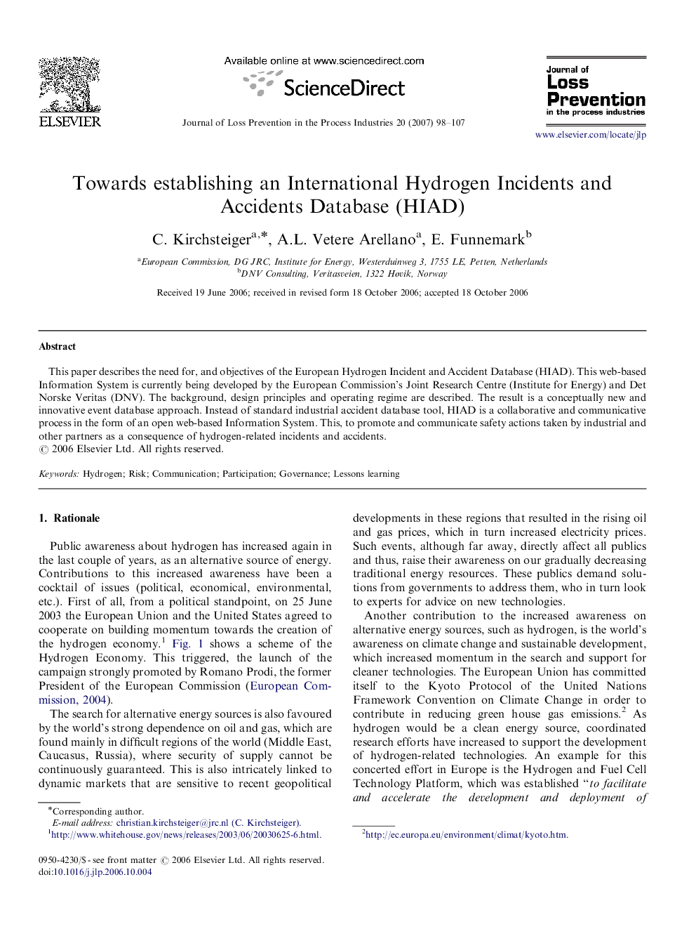 Towards establishing an International Hydrogen Incidents and Accidents Database (HIAD)