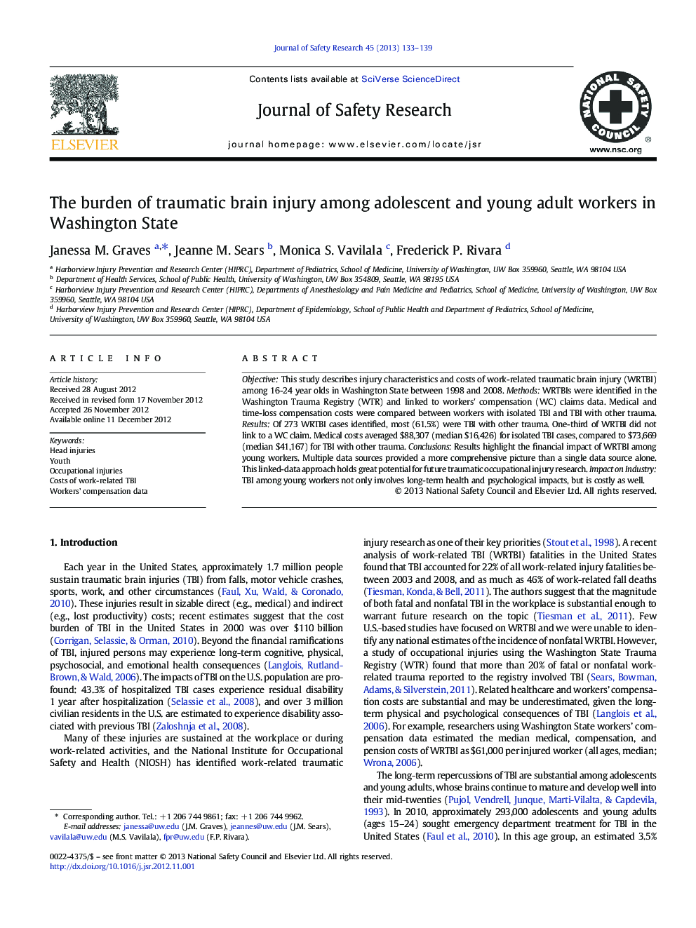 The burden of traumatic brain injury among adolescent and young adult workers in Washington State