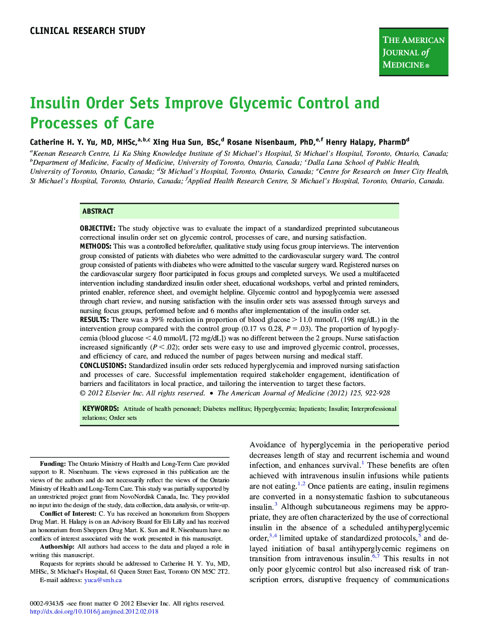 Insulin Order Sets Improve Glycemic Control and Processes of Care