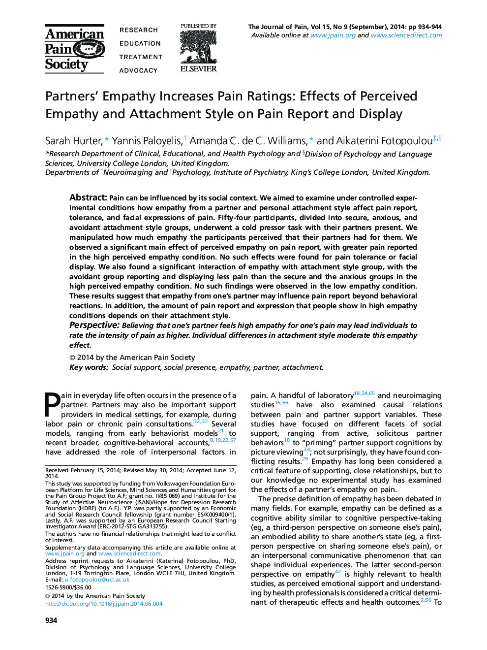 Original ReportPartners' Empathy Increases Pain Ratings: Effects of Perceived Empathy and Attachment Style on Pain Report and Display