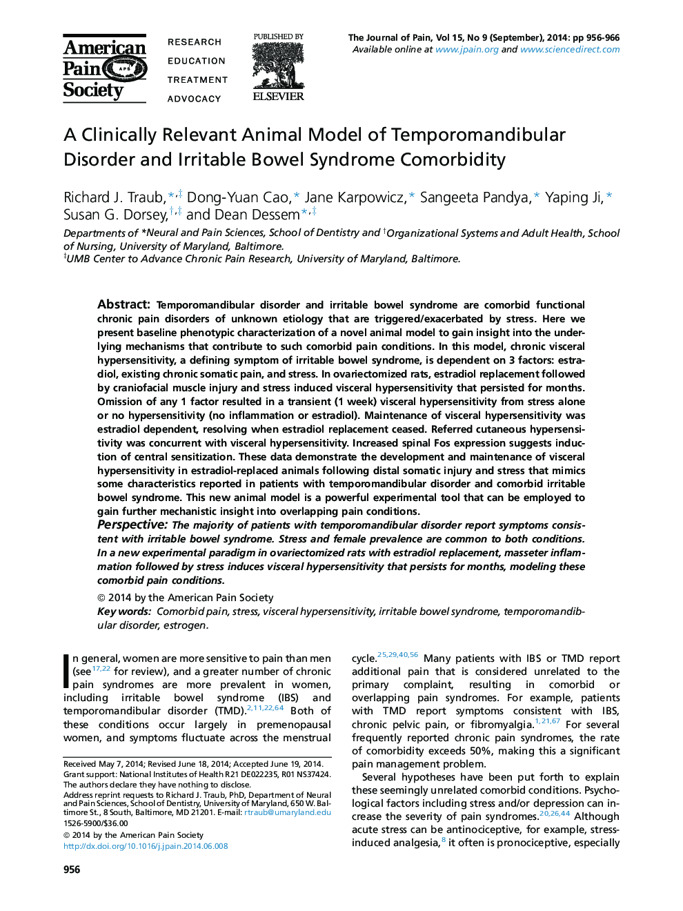 یک مدل حیوانی مرتبط با حیوانات مرتبط با اختلال تمپوروماندیبولار و همبستگی سندرم روده تحریک پذیر 