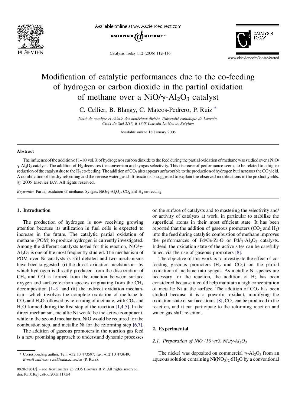 Modification of catalytic performances due to the co-feeding of hydrogen or carbon dioxide in the partial oxidation of methane over a NiO/γ-Al2O3 catalyst