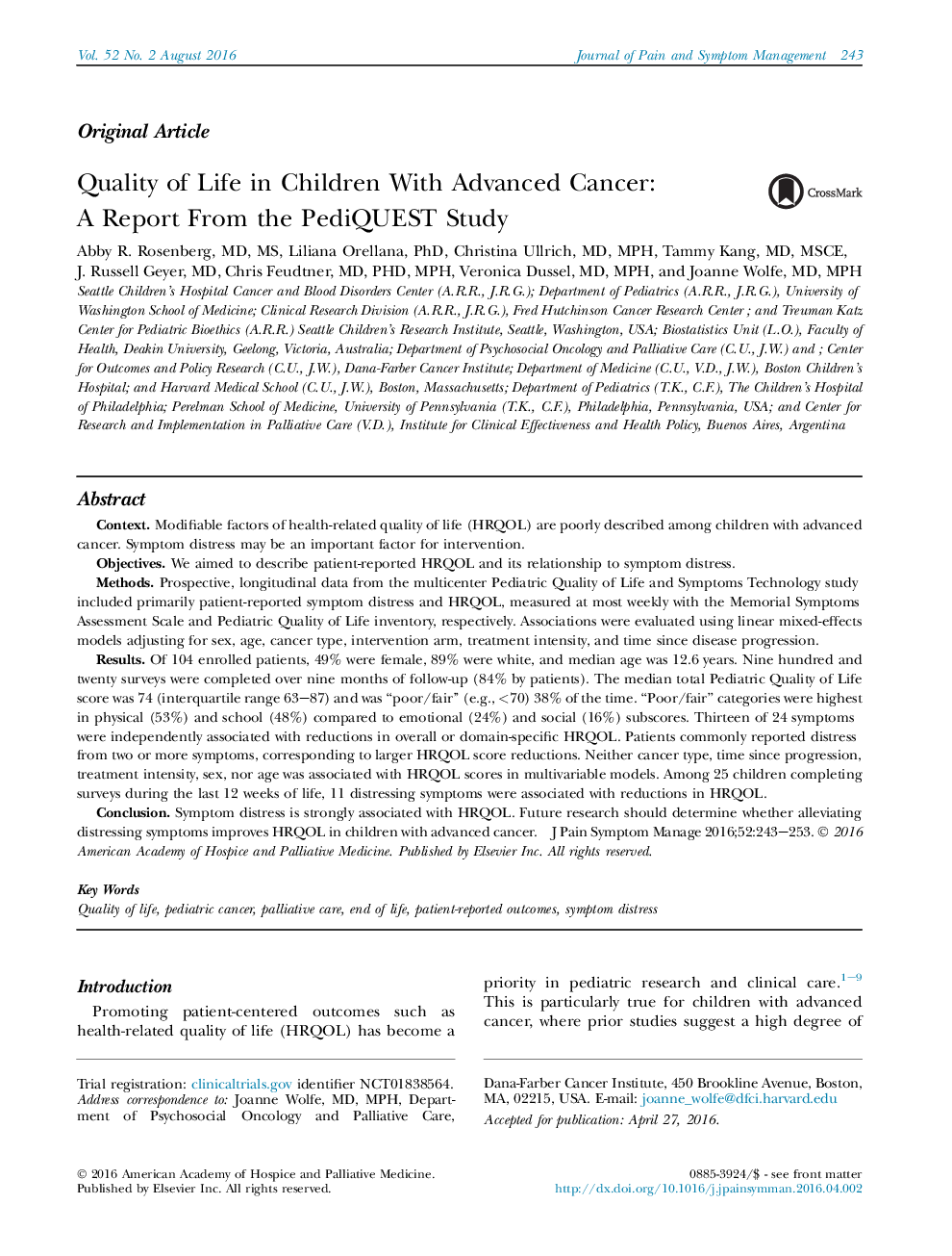 Original ArticleQuality of Life in Children With Advanced Cancer: A Report From the PediQUEST Study