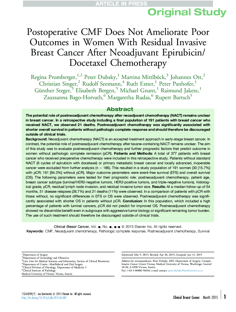 Postoperative CMF Does Not Ameliorate Poor Outcomes in Women With Residual Invasive Breast Cancer After Neoadjuvant Epirubicin/Docetaxel Chemotherapy