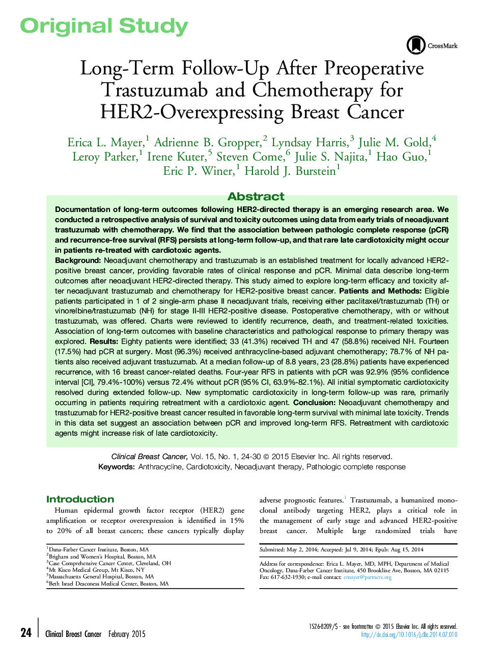 Original StudyLong-Term Follow-Up After Preoperative Trastuzumab and Chemotherapy for HER2-Overexpressing Breast Cancer