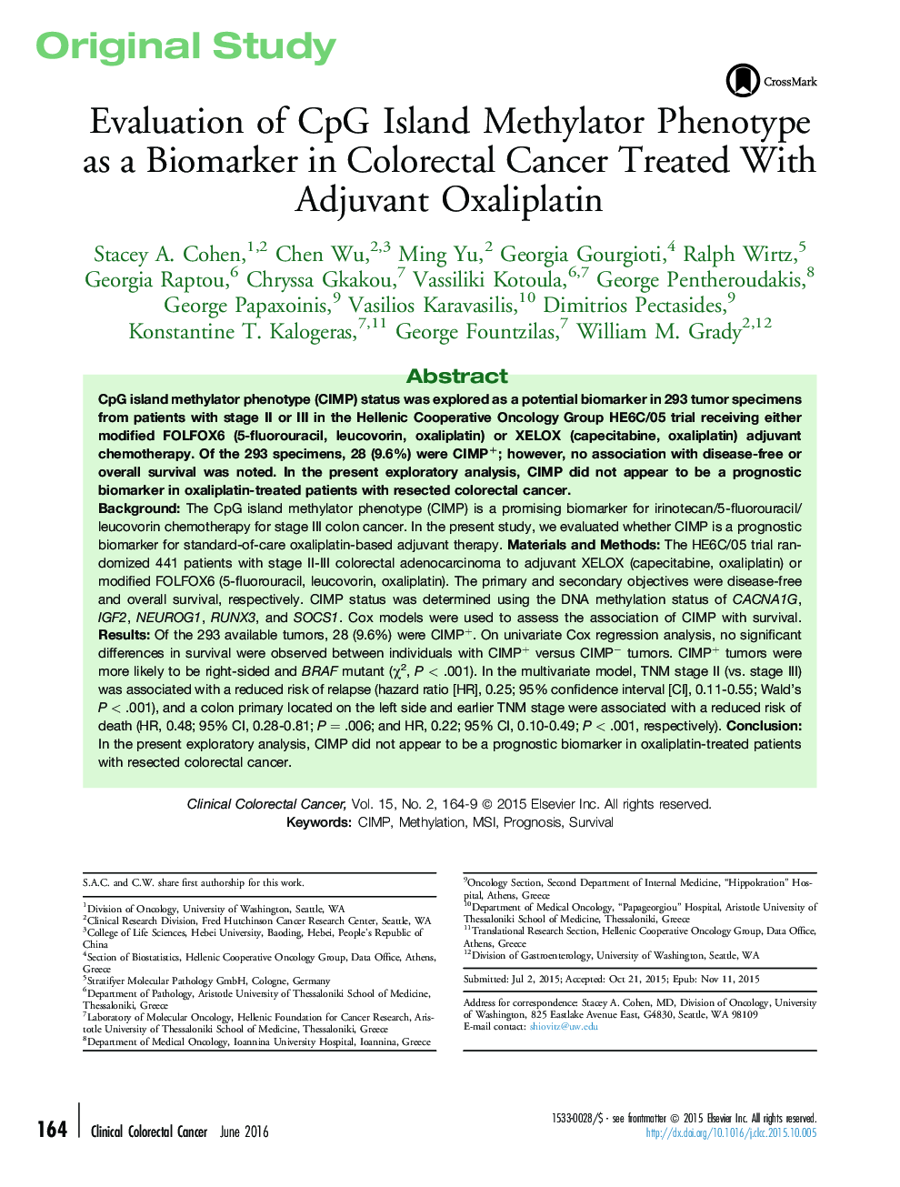 Original StudyEvaluation of CpG Island Methylator Phenotype as a Biomarker in Colorectal Cancer Treated With Adjuvant Oxaliplatin