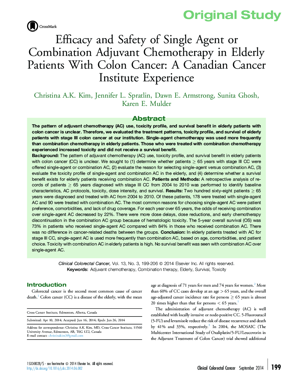اثربخشی و ایمنی داروهای تک یا شیمیدرمانی ادجوانت ترکیبی در سالمندان مبتلا به سرطان کولون: تجربه موسسه سرطان کانادا 