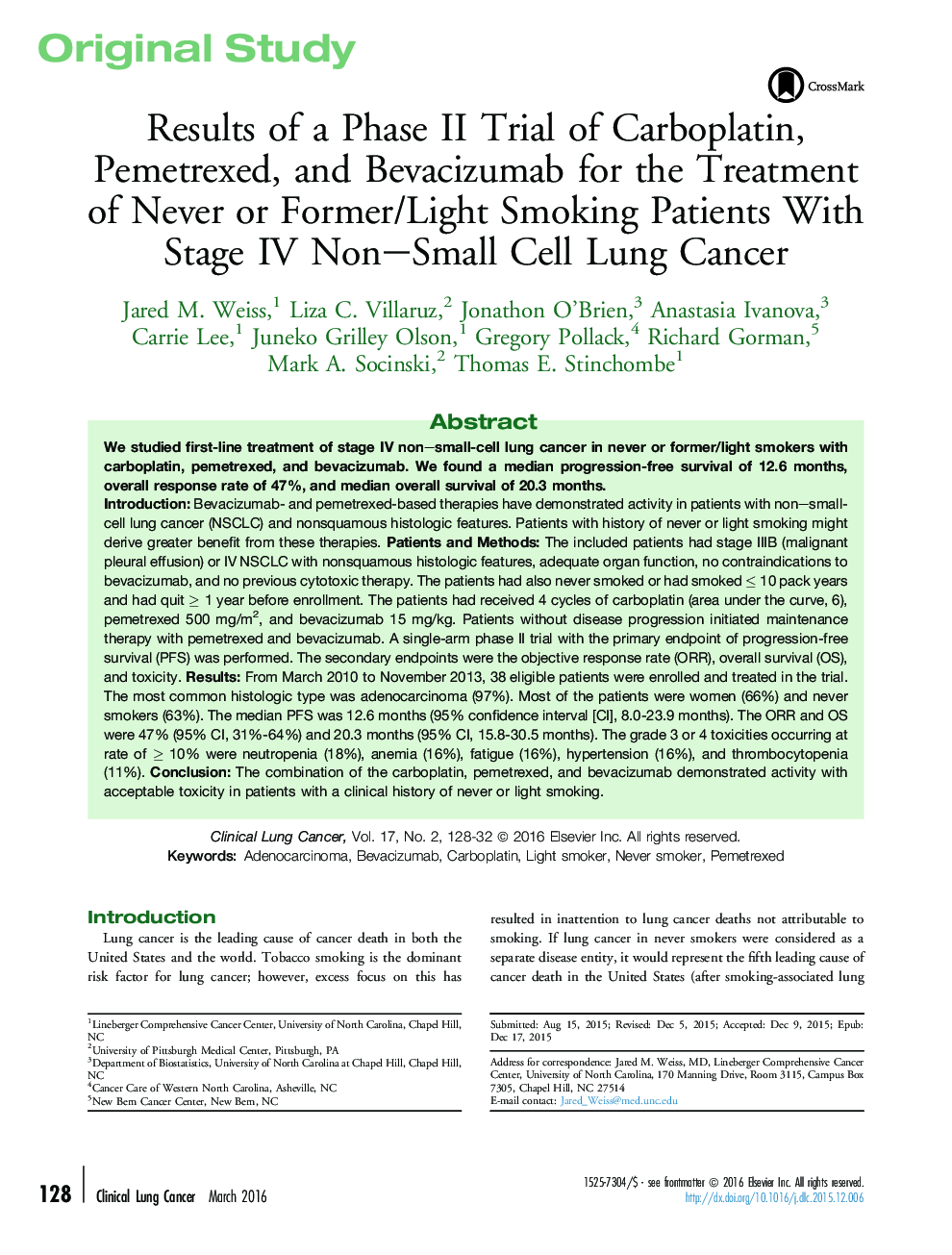 Original StudyResults of a Phase II Trial of Carboplatin, Pemetrexed, and Bevacizumab for the Treatment of Never or Former/Light Smoking Patients With Stage IV Non-Small Cell Lung Cancer