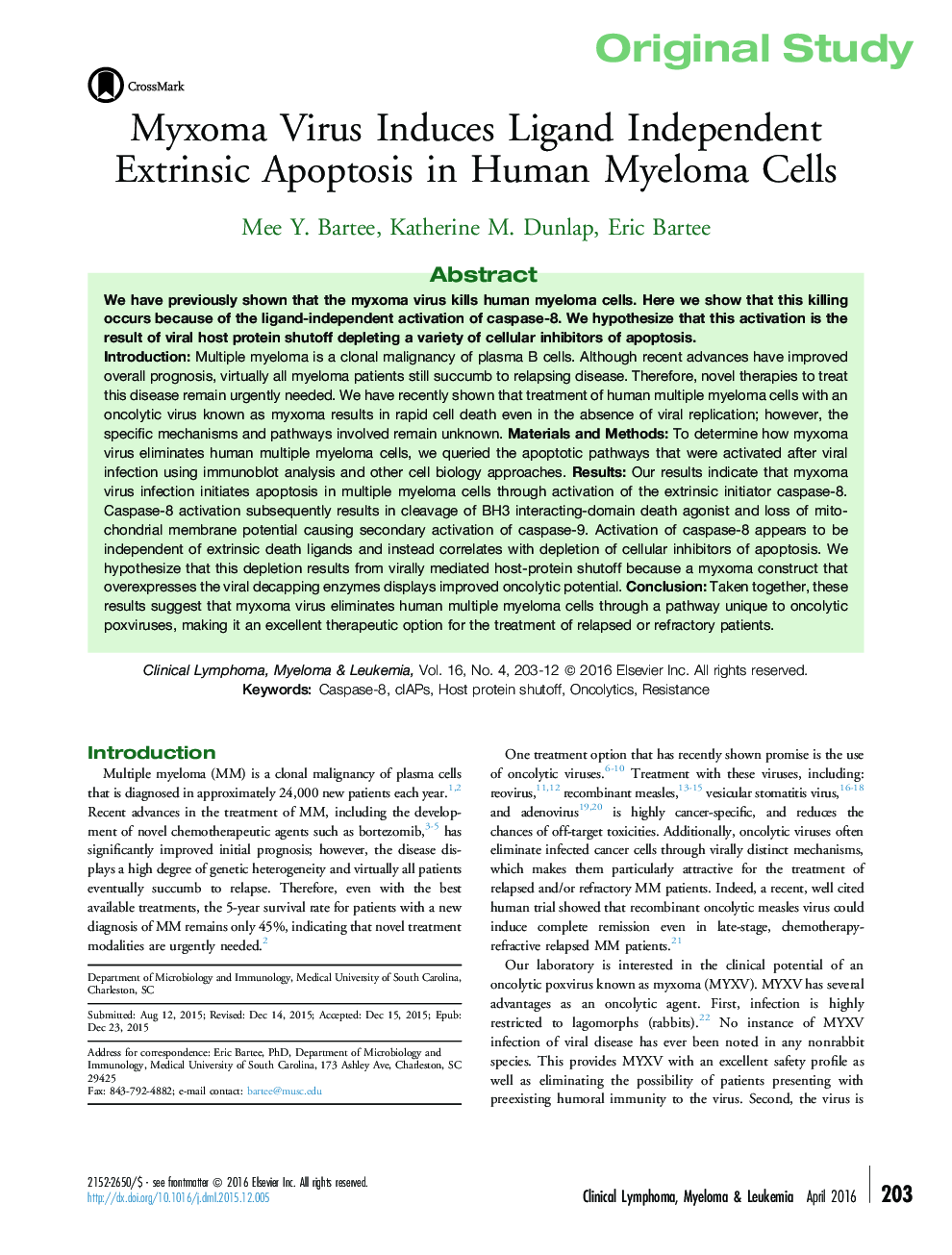 ویروس مایکومای مایع منی باعث آپوپتوز بیگانه مستقل لیگاند در سلول های بنیادی انسانی می شود. 
