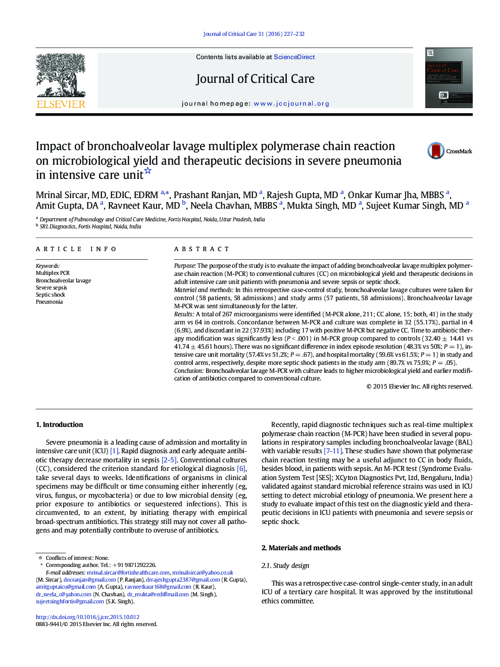 Clinical PotpourriImpact of bronchoalveolar lavage multiplex polymerase chain reaction on microbiological yield and therapeutic decisions in severe pneumonia in intensive care unit