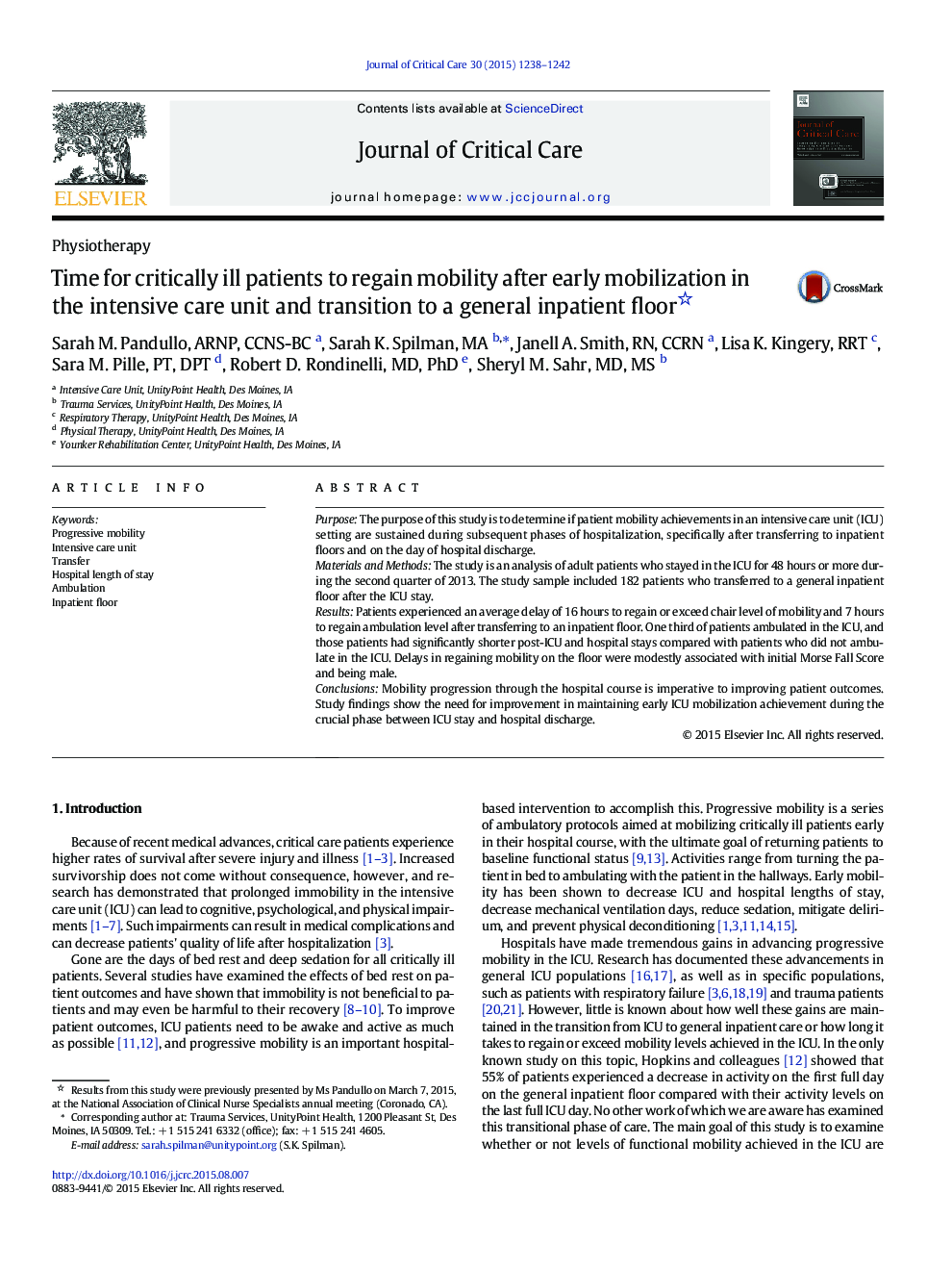 PhysiotherapyTime for critically ill patients to regain mobility after early mobilization in the intensive care unit and transition to a general inpatient floor