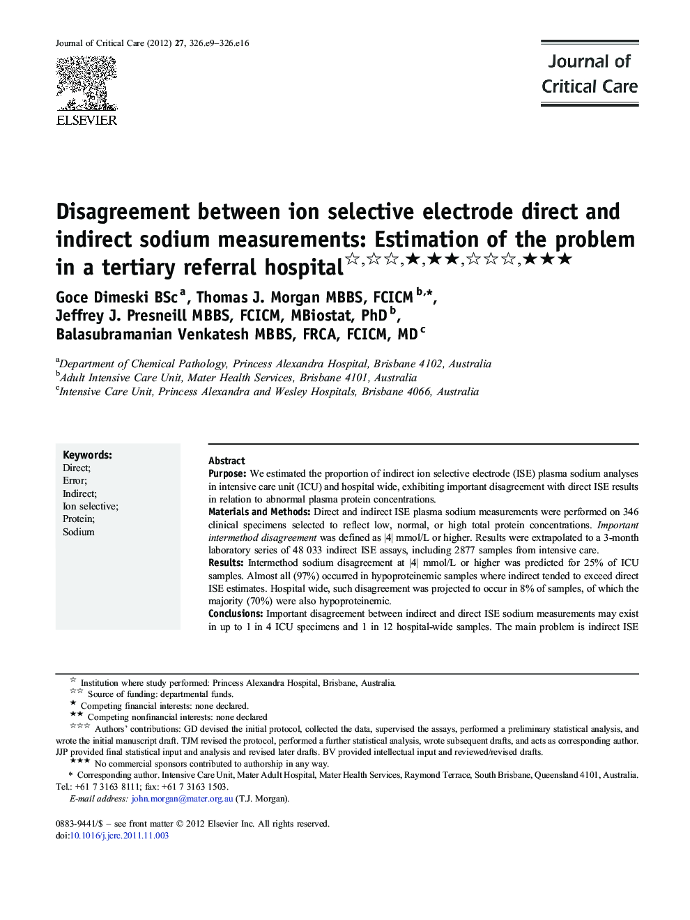 Disagreement between ion selective electrode direct and indirect sodium measurements: Estimation of the problem in a tertiary referral hospital